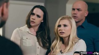 Crazy teen couple Carolina Sweets and Dean Van wants some fun so they started  hot sex on a couch while their parents are busy watching them